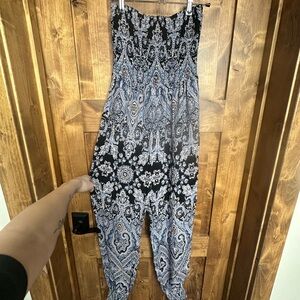Free People Black & White Paisley Smocked Jumpsuit